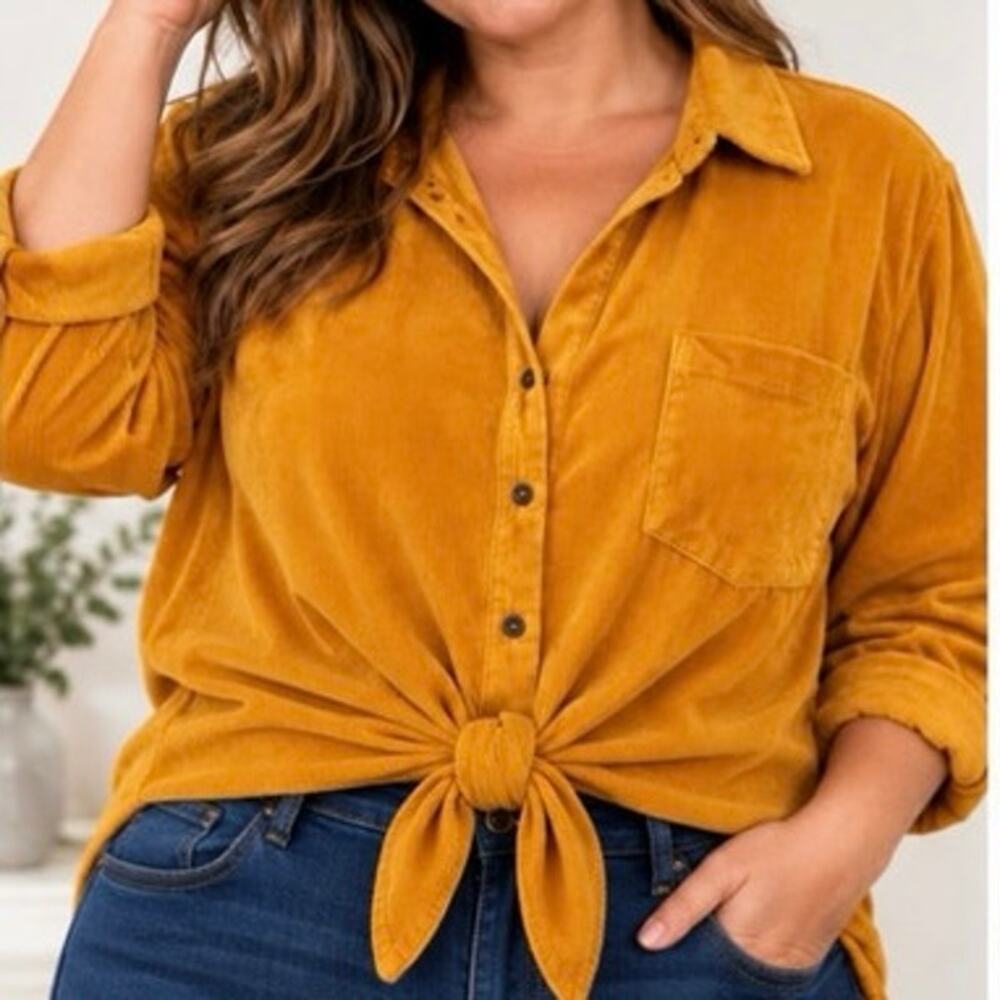 COMO Vintage Mustard Yellow Corduroy Button-Front Shirt Tunic 2X Plus Size